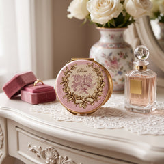Vintage Floral Compact Makeup Mirror Pocket Folding Double Sided PU Leather Metal Cosmetic Mirror for Purse