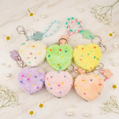 Heart-Shaped Plush Compact Mirror with Lanyard - Cute Colorful Sprinkles Faux Fur Folding Travel Mirror