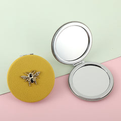 Leather Compact Mirror with Bee Design, Double-Sided Folding Makeup Mirror, Portable Pocket Mirror for Purse Travel, Gift for Women Girls
