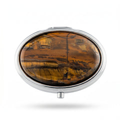 Oval Pill Organizer with Mirror, Portable Travel Pill Box, Nature Stone, Metal Case with ABS Compartments, Compact Vitamin & Medication Holder for Women, Purse & Daily Use