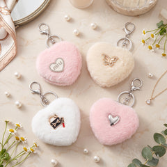 Heart Plush Compact Mirror Keychain - Cute Crystal Rhinestone Butterfly & Purse Charm Faux Fur Folding Travel Mirror - Soft Fluffy Pocket Bag Charm Vanity Mirror for Women, Girls & Students 💖✨