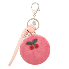 Round Plush Compact Mirror Keychain - Cute Knitted Cherry Charm Faux Fur Double-Sided Folding Travel Mirror - Soft Fluffy Pocket Bag Charm Vanity Mirror with Wrist Lanyard for Women, Girls & Kids 🍒✨