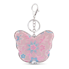 Butterfly Shaped Compact Mirror Keychain for Women & Girls, Double-Sided Makeup Mirror with Song Brocade Fabric Cover, Portable Butterfly Pocket Mirror with Glass Mirror & Key Ring for Travel and Daily Use