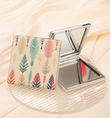 Boho Feather Square Compact Mirror 1X 2X Magnifying Portable Pocket Folding Dual Sided PU Leather Makeup Mirror for Purse