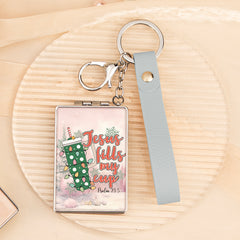 Christmas Keychain Compact Mirror Rectangle PU Leather Folding Pocket Mirror with Wristlet Strap Plastic Frame Cosmetic Mirror