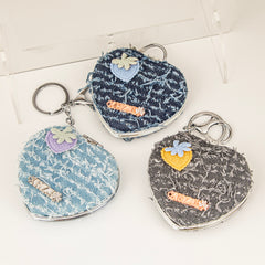Heart Shape Denim Compact Mirror Keychain, Portable Folding Makeup Mirror with Cute Strawberry Design, 95% High Clarity Pocket Mirror for Women, Girls, Travel, Purse, Bag Charm Gift