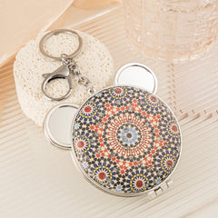 Cute Bear Ears PU Leather Compact Mirror with Keychain - Round Silver Metal Folding Double-Sided Pocket Vanity Mirror with Keychain Ring, Bohemian Pattern & HD Glass for Purse, Travel, Girls & Gifts 🐻🪞🔑✨