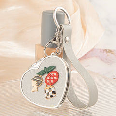 Heart Shaped Compact Mirror Keychain Wristlet PU Leather Folding Pocket Mirror Rhinestone Flower Bee Dual Sided Vanity