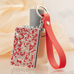 Rectangle Rhinestone Compact Mirror Keychain PU Leather Wristlet Strap Folding Pocket Mirror Bling Dual Sided Cosmetic Mirror