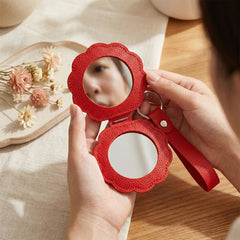 Flower-Shaped PU Leather Compact Mirror with Keychain & Wristlet - Portable Double-Sided Folding Travel Mirror - High-Definition Pocket Mirror for Women, Girls & Students, Perfect for Handbags, Backpacks & Keys 🌸✨