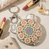 Cute Bear Ears PU Leather Compact Mirror with Keychain - Round Silver Metal Folding Double-Sided Pocket Vanity Mirror with Keychain Ring, Bohemian Pattern & HD Glass for Purse, Travel, Girls & Gifts 🐻🪞🔑✨