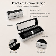 Chrome-plated lipstick case interior with mirror hinge clasp and lipstick storage