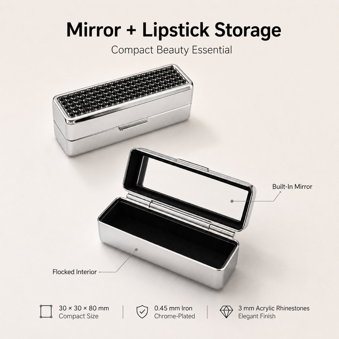 Rhinestone lipstick case showing built-in mirror and flocked interior storage