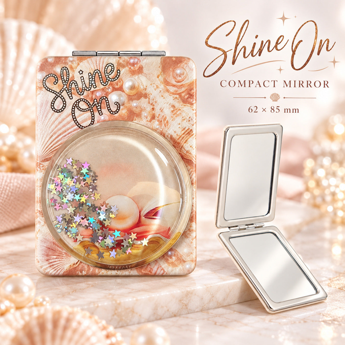 Shine On seashell liquid glitter quicksand rectangular compact mirror lifestyle