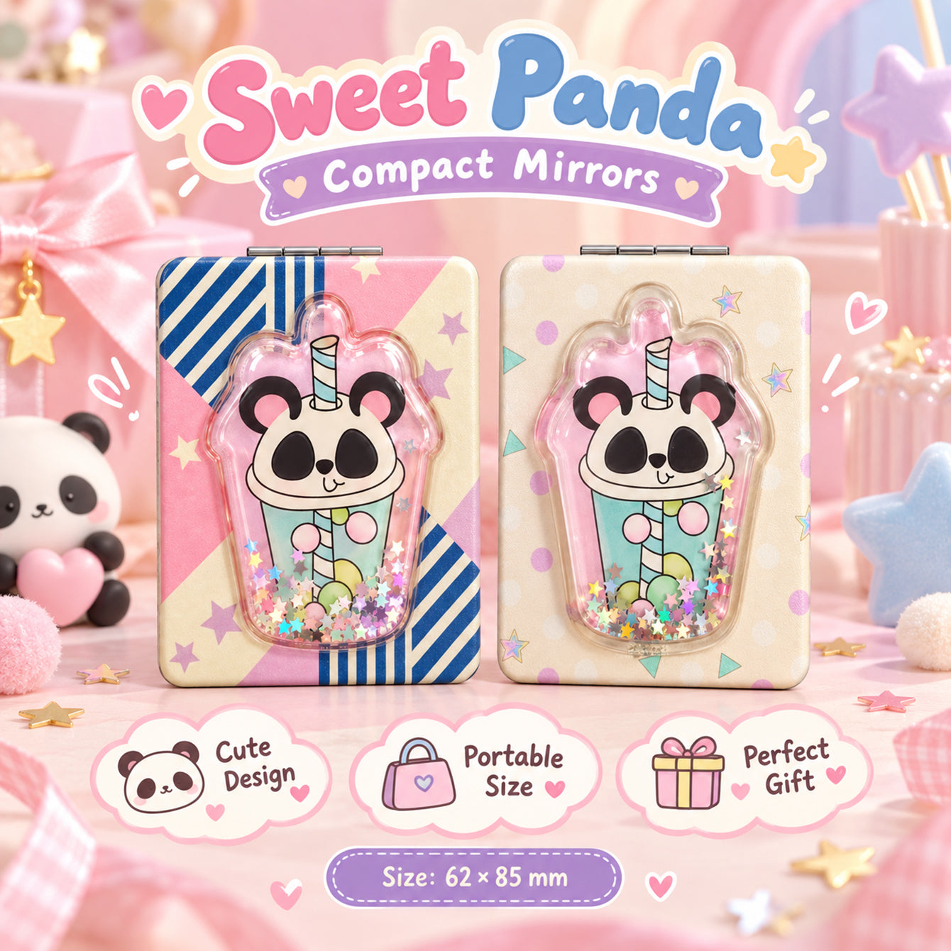 Sweet panda liquid glitter quicksand rectangular compact mirror collection