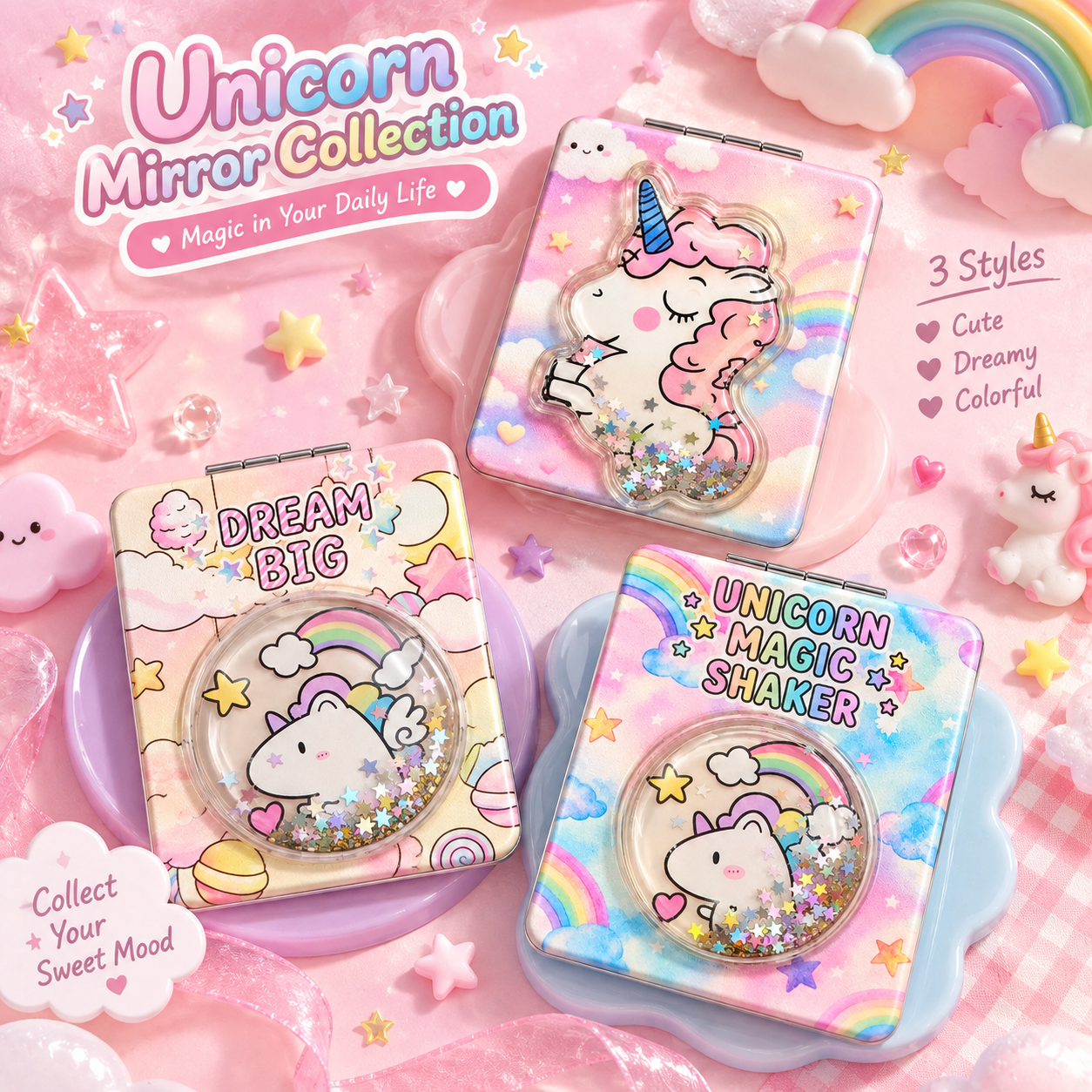 Three unicorn liquid glitter quicksand compact mirror designs