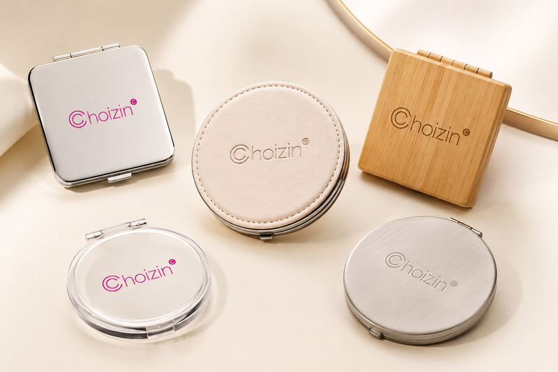 CHOIZIN compact mirror logo customization methods on metal, PU leather, bamboo and acrylic