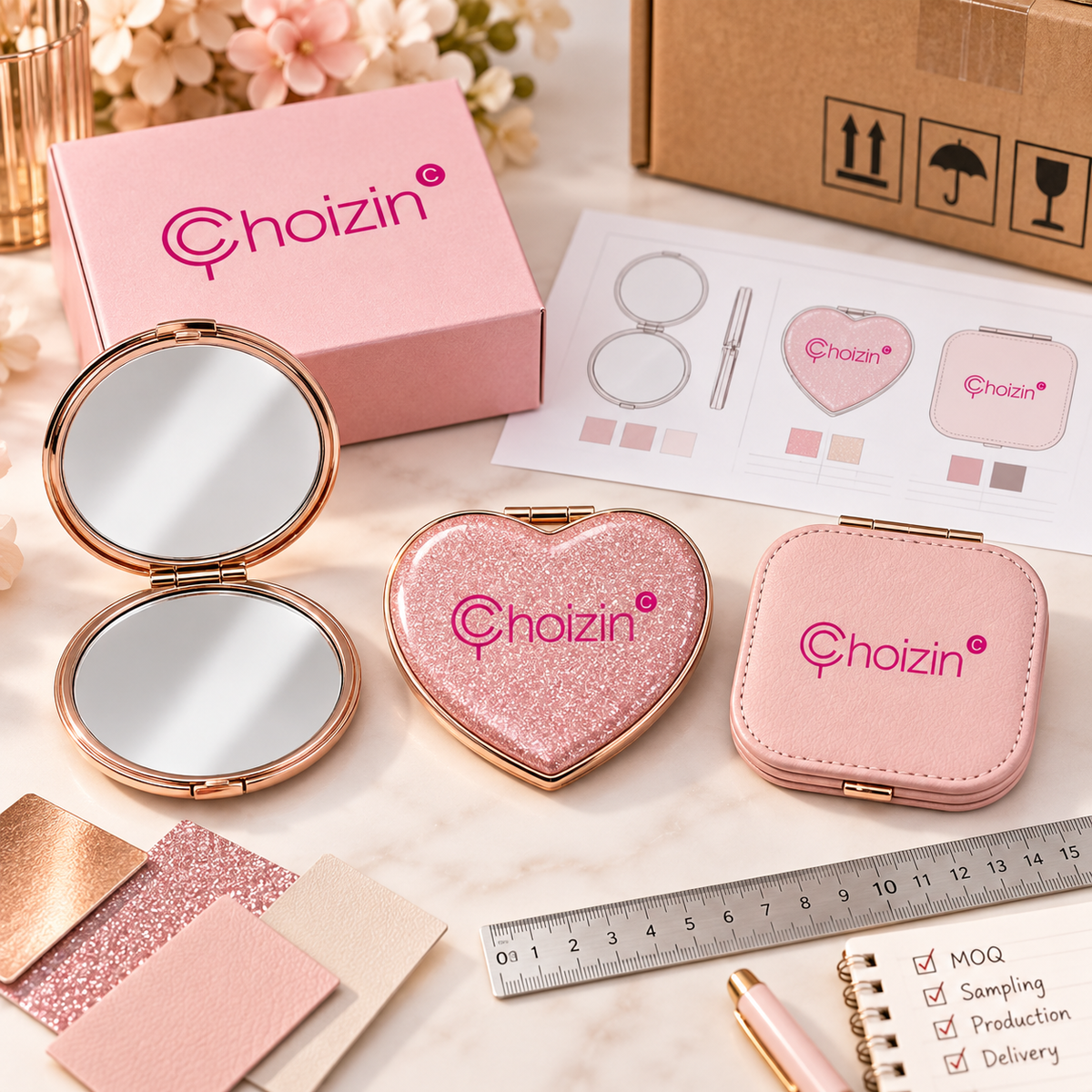 CHOIZIN round, heart-shaped and rounded-square compact mirrors with correct product structures