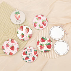Cute Strawberry Compact Mirror Round Folding Pocket Mirror PU Leather Double Sided Metal Cosmetic Mirror Portable Beauty Tool