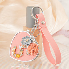 Heart Shaped Compact Mirror Keychain Wristlet PU Leather Folding Pocket Mirror Rhinestone Flower Bee Dual Sided Vanity