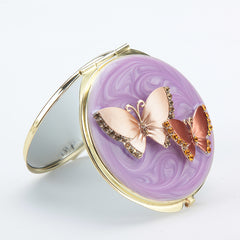 Vintage Epoxy Resin Rhinestone Butterfly Compact Mirror - Luxury Round Gold Metal Double-Sided Folding Pocket Vanity Mirror with HD