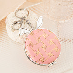 Cute Bunny Ears PU Leather Compact Mirror Keychain - Round Silver Metal Folding Double-Sided Pocket Vanity Mirror with Keychain Ring, Perforated Pattern & HD Glass for Purse, Travel, Girls & Gifts 🐰🪞🔑✨