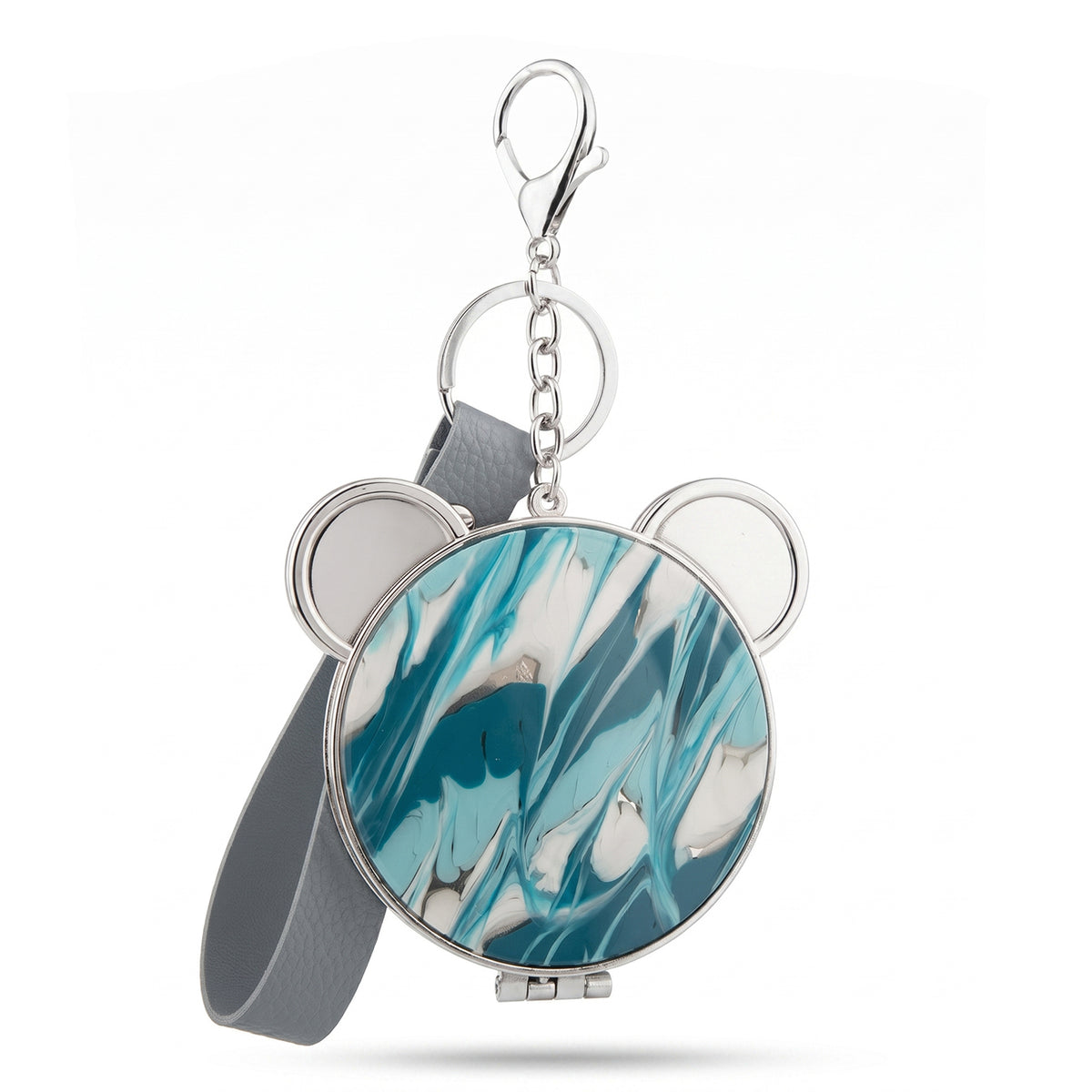 Bear Ear Marble Acetate Compact Mirror Keychain with Leather Strap, Double-Sided Folding Makeup Mirror with 95% High Reflectivity Lens, Cute Portable Purse Mirror for Women & Girls