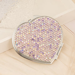 Sparkling Heart Shaped Crystal Rhinestone Compact Mirror - Silver Electroplated Metal Double-Sided Folding Pocket Vanity Mirror with HD Glass for Purse, Travel, Wedding Favors & Gifts 💖💎✨