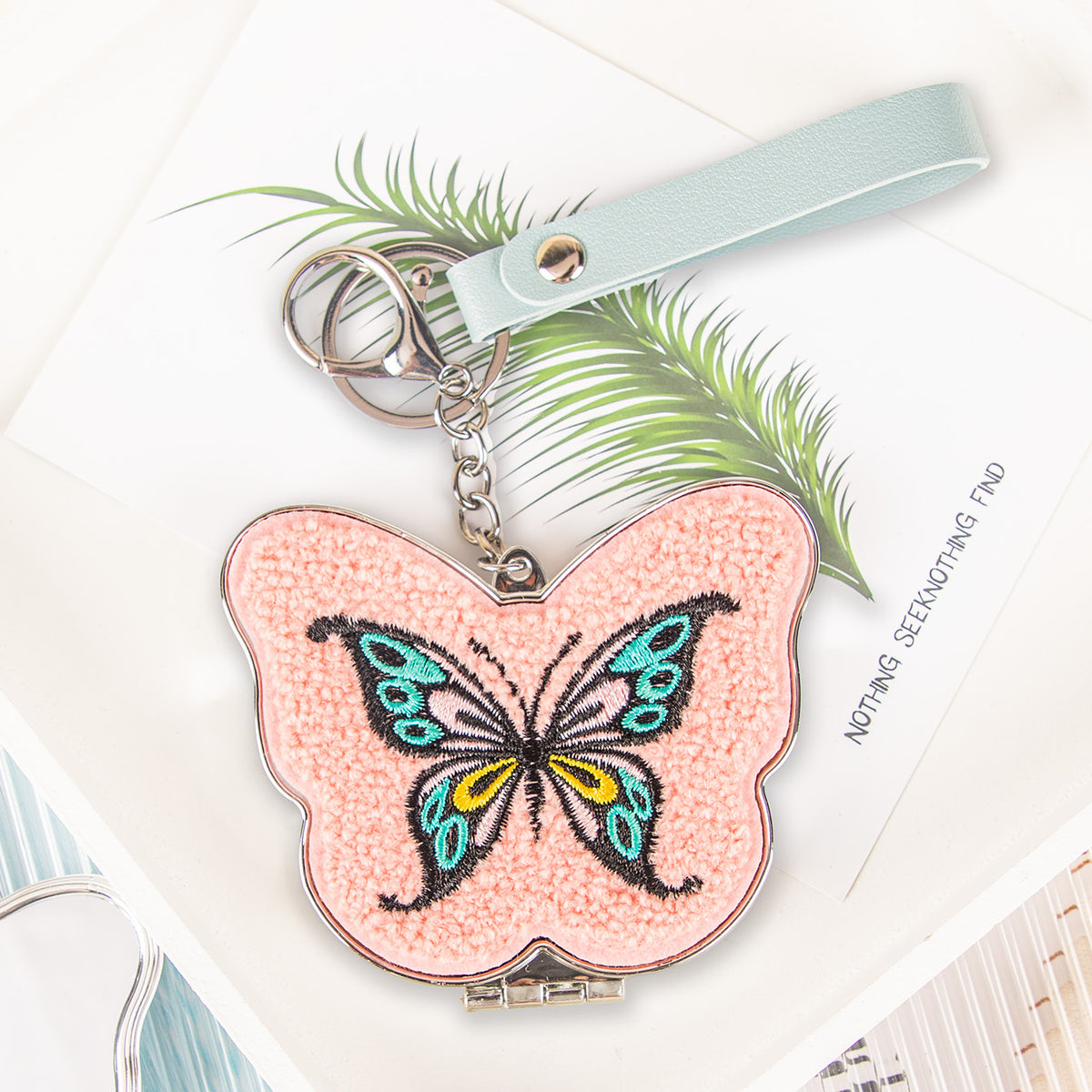 Butterfly Plush Compact Mirror with Keychain, Double-Sided Makeup Mirror, Embroidered Short Plush Pocket Mirror, Portable Cosmetic Mirror for Women, Girls, Travel & Gifts