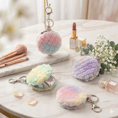 Fluffy Keychain Compact Mirror, Double-Sided Portable Makeup Mirror with Soft Faux Fur Cover, Mini Travel Purse Mirror for Women Girls, Cute Bag Charm for Daily Use & Gifts