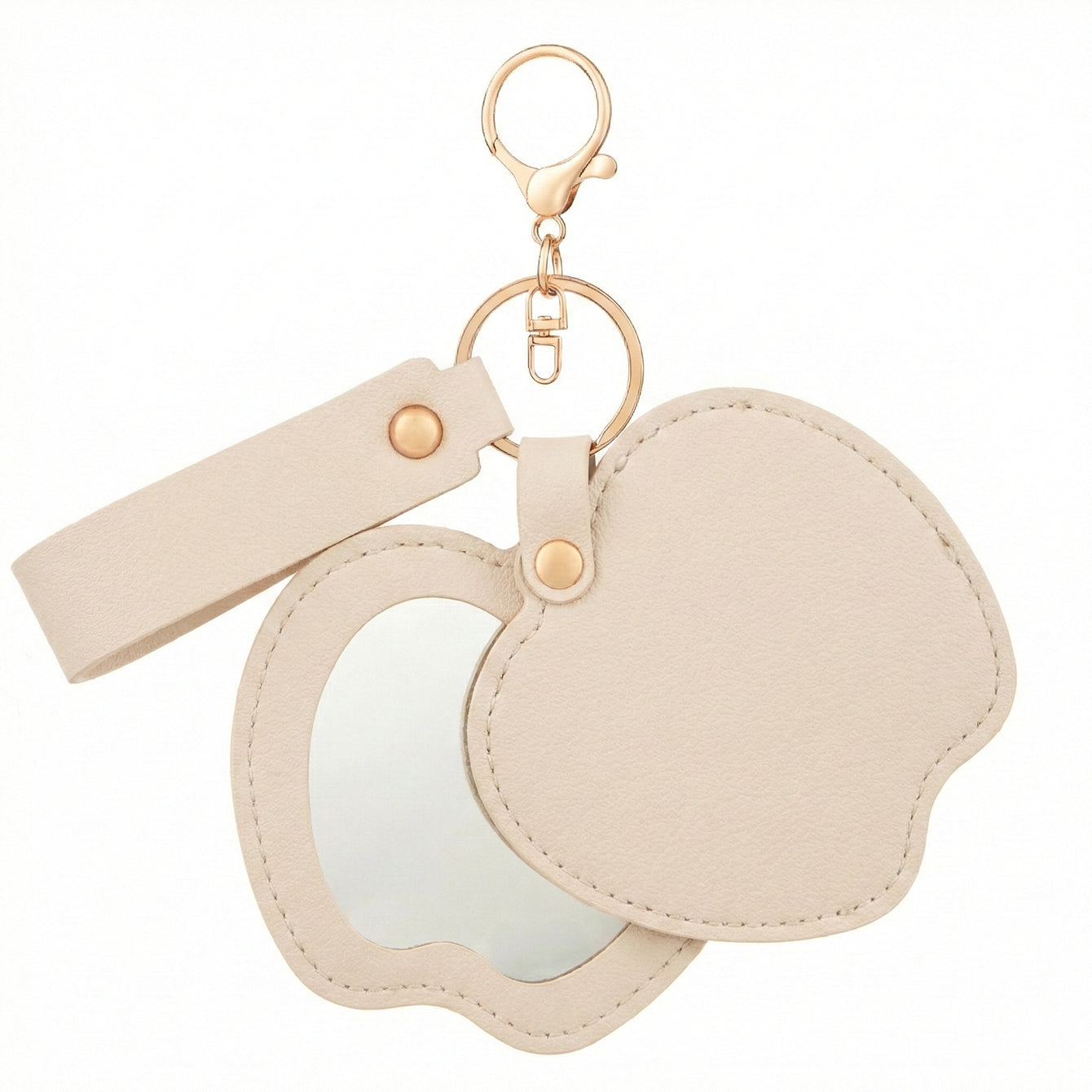 Apple-shaped PU leather compact mirror keychain with double-sided glass and swivel folding design