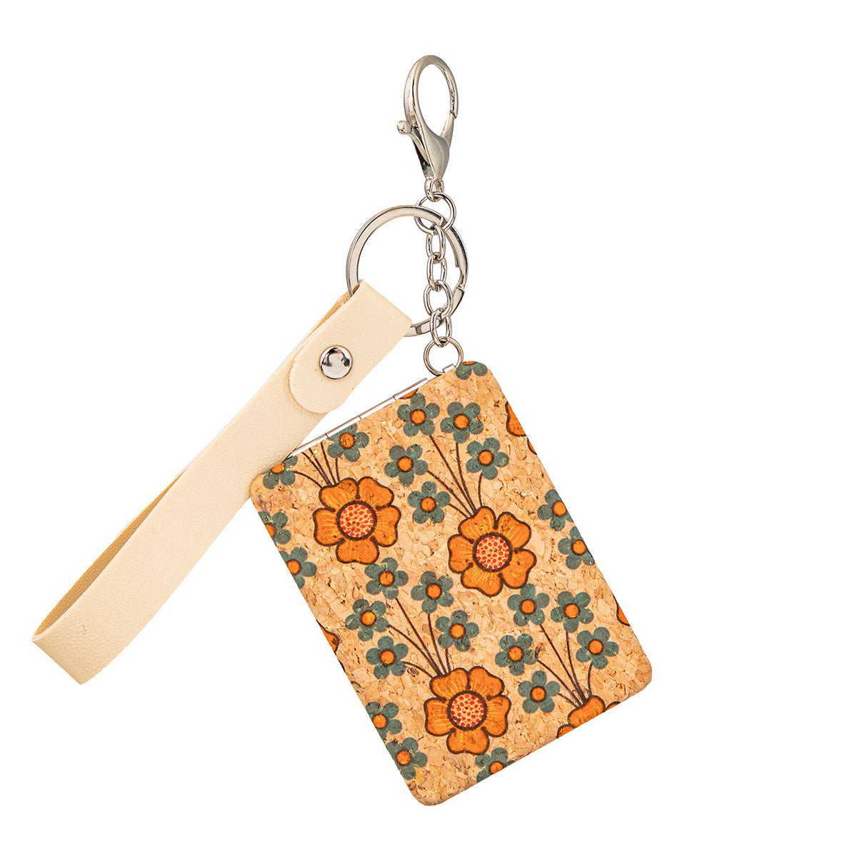 Natural Cork Keychain Compact Mirror Rectangle Floral Butterfly Printed Folding Pocket Mirror with PU Leather Strap Vanity