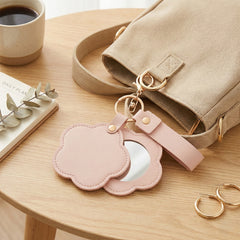 Flower-Shaped PU Leather Compact Mirror Keychain - Multi-Color Cute HD Swivel Folding Travel Mirror