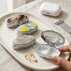 Acetate Oval Pill Box Organizer - Elegant Tortoiseshell & Marble Travel Medication Case with Metal Frame - 2-Compartment Pocket Pill Planner for Women, Seniors, & Travelers 💊🐚