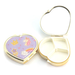 Heart-Shaped Gold Plated Pill Box with Mirror, Cute Cartoon Print Portable Pill Organizer, 3-Compartment Eco-Friendly Pill Case with 95% High Reflectivity Mirror for Purse/Travel, Gift for Women & Girls