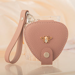 Bee Embellished Leather Compact Mirror Keychain, Double-Sided Folding Makeup Mirror with 95% High Reflectivity, Portable Pocket Mirror with Wrist Strap for Purse/Travel