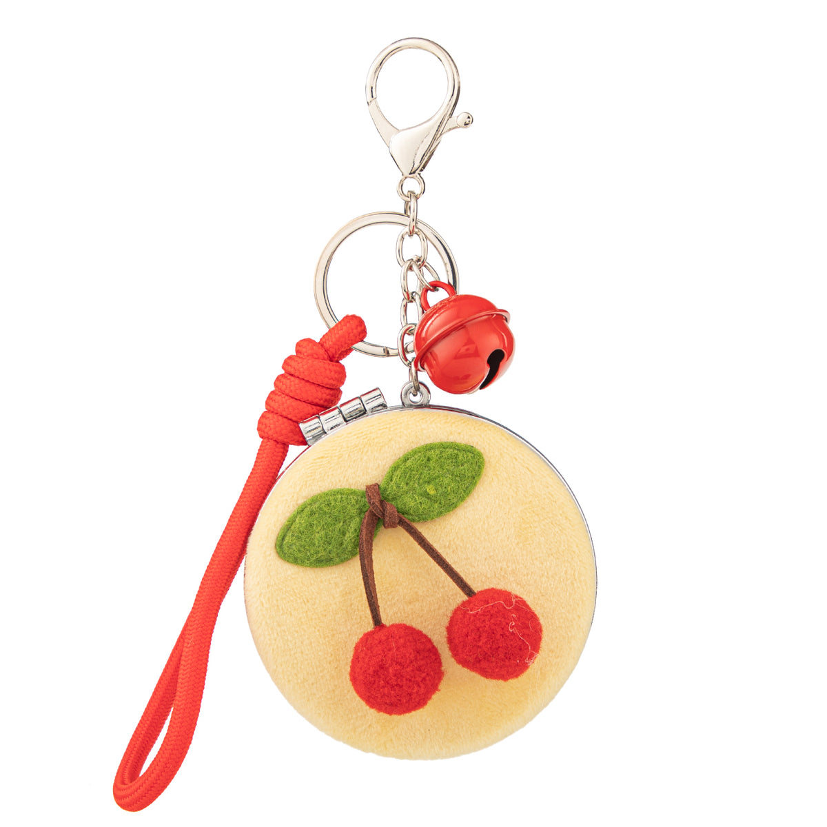 Round Plush Compact Mirror Keychain - Cute Knitted Cherry Charm Faux Fur Double-Sided Folding Travel Mirror - Soft Fluffy Pocket Bag Charm Vanity Mirror with Wrist Lanyard for Women, Girls & Kids 🍒✨