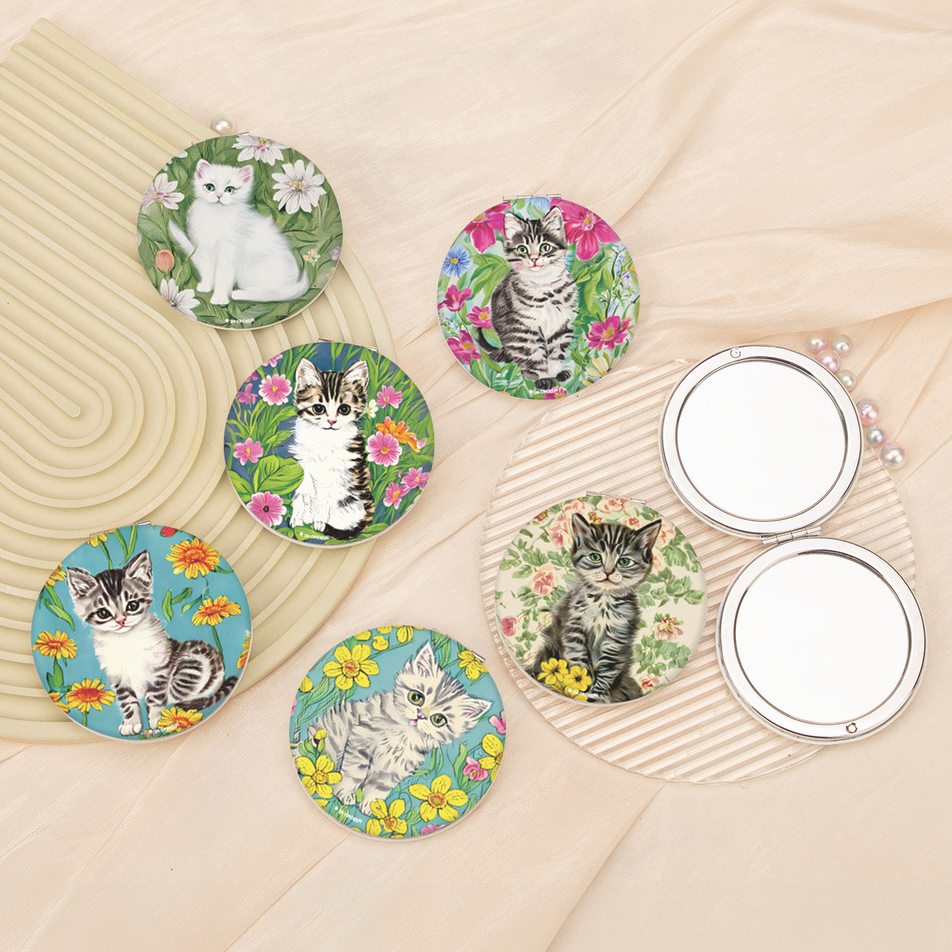 Cute cat floral PU leather compact mirror, product view 2