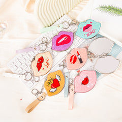 Cute Plush Lip-Shaped Compact Mirror with Keychain & Wrist Strap, Double-Sided Pocket Makeup Mirror, Embroidered Design, Portable Cosmetic Mirror for Women, Girls, Travel & Gifts