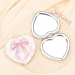 Pink Bow Heart PU Leather Compact Mirror, Double-Sided Folding Pocket Mirror