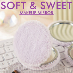 Round Plush Compact Mirror, Double-Sided Pocket Makeup Mirror with Soft Faux Fur Cover, Portable Travel Cosmetic Mirror for Women & Girls