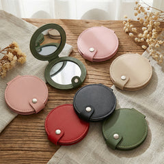 PU Leather Round Compact Mirror with Snap Button Closure - Multi-Color Cute Double-Sided Folding Travel Mirror