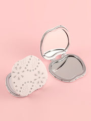 Apple Shaped Embossed Floral Leaf PU Leather Compact Mirror with Glitter Finish - Silver Iron Metal Frame Double-Sided Folding Pocket Vanity Mirror with HD Glass for Purse, Travel & Gifts