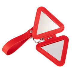 Triangle-Shaped Red PU Leather Compact Mirror with Keychain & Wristlet - Portable Double-Sided Folding Travel Mirror - High-Definition Pocket Mirror for Women, Girls & Students, Perfect for Handbags, Backpacks & Keys 🌸✨