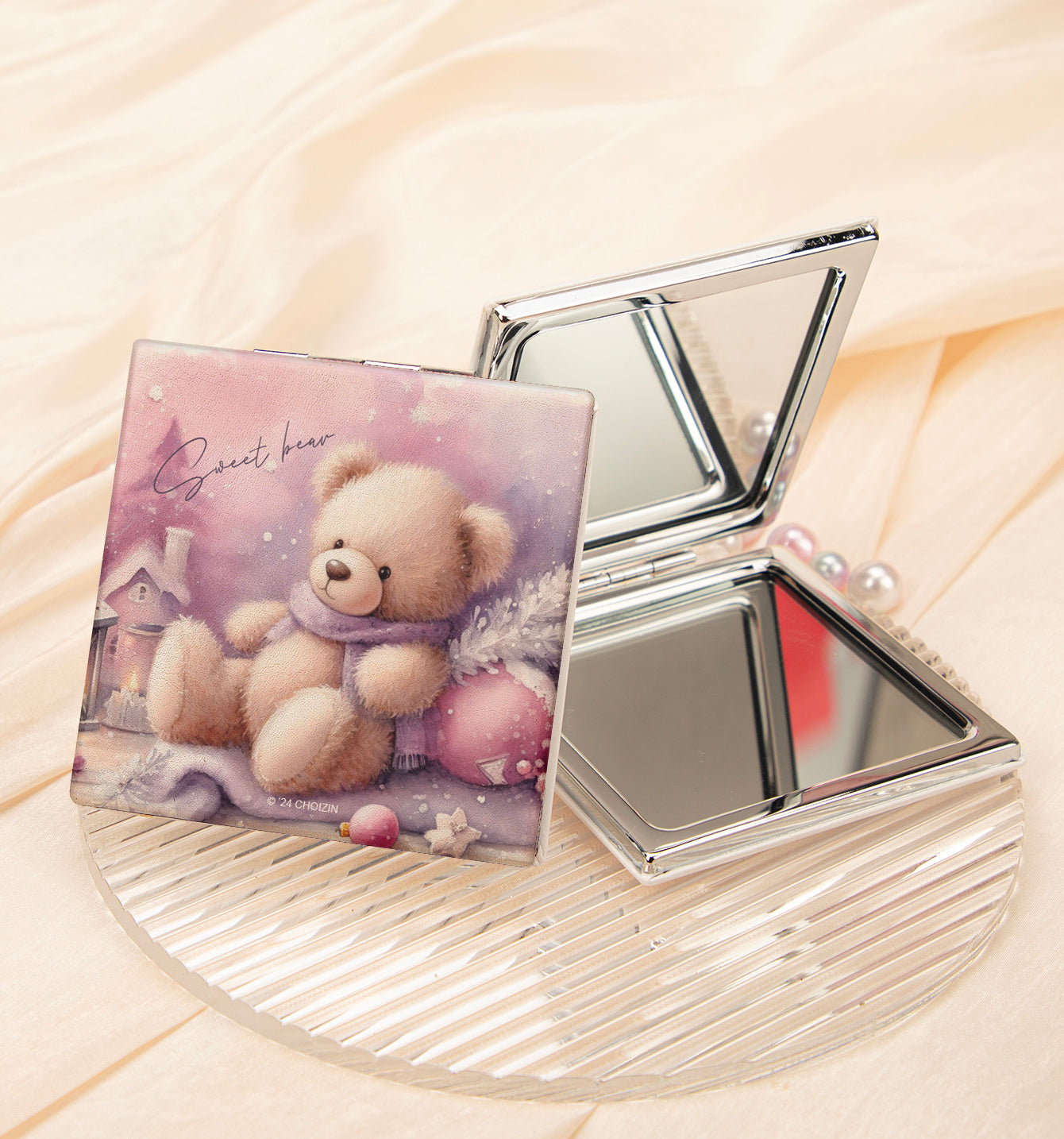 Cute teddy bear PU leather compact mirror, product view 8