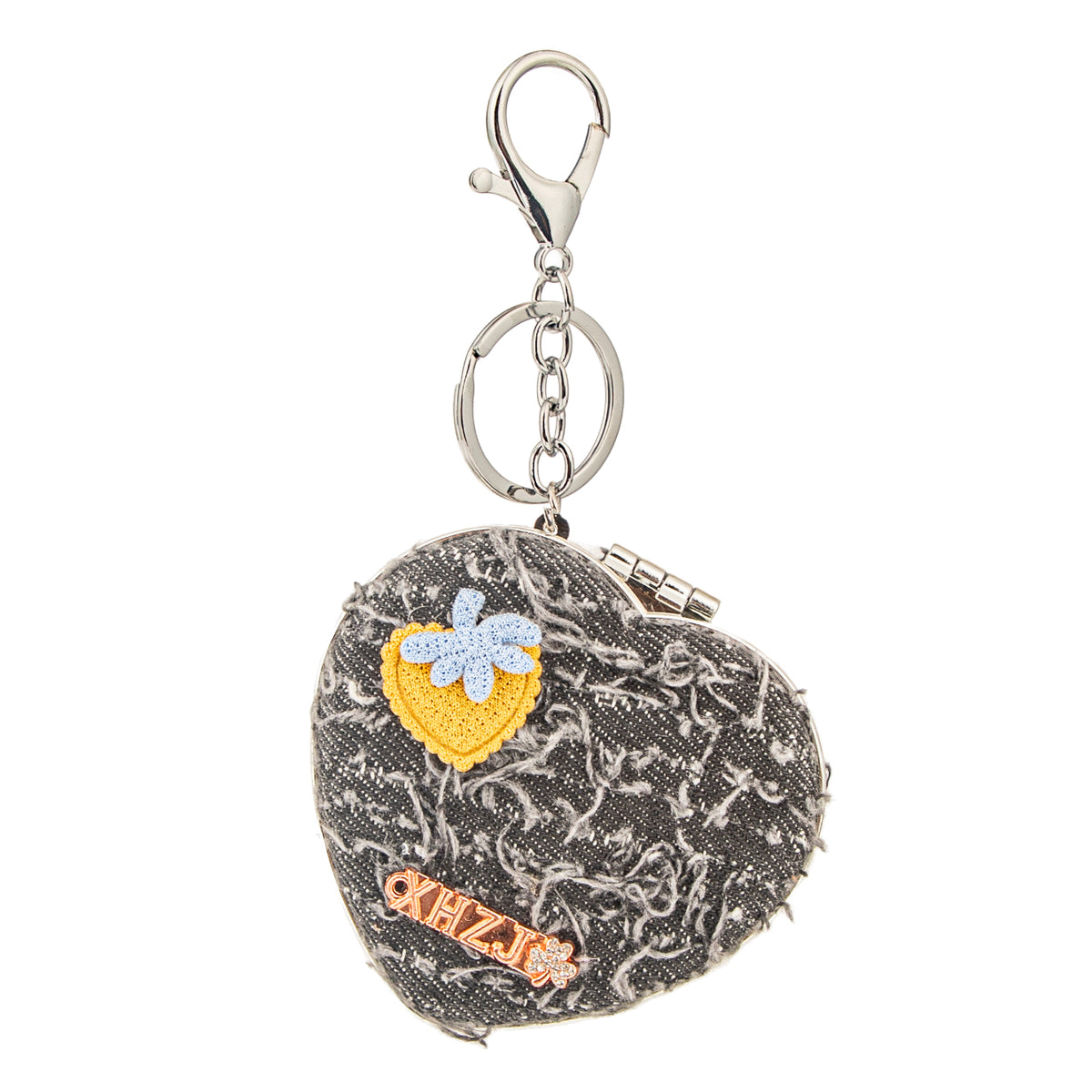 Heart Shape Denim Compact Mirror Keychain, Portable Folding Makeup Mirror with Cute Strawberry Design, 95% High Clarity Pocket Mirror for Women, Girls, Travel, Purse, Bag Charm Gift