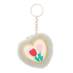 Heart Plush Compact Mirror Keychain - Cute Embroidered Tulip Flower Faux Fur Folding Travel Mirror - Soft Fluffy Pocket Bag Charm Vanity Mirror for Women, Girls & Students 💖🌷