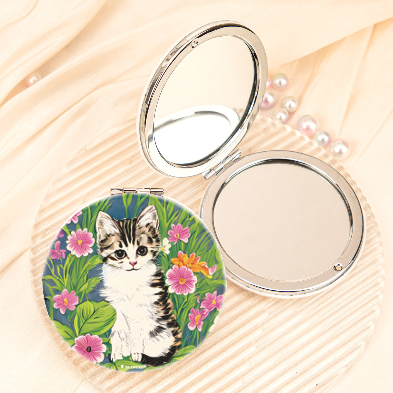 Cute cat floral PU leather compact mirror, product view 5