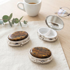 Oval Pill Organizer with Mirror, Portable Travel Pill Box, Nature Stone, Metal Case with ABS Compartments, Compact Vitamin & Medication Holder for Women, Purse & Daily Use