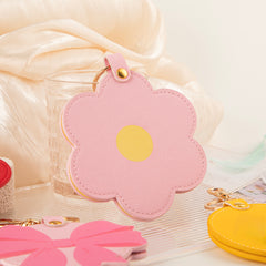 PU Leather Compact Mirror Keychain - Cute Shaped Flower Cherry & Ribbon Double-Sided Folding Travel Mirror - Pocket Purse Charm Vanity Mirror for Women, Girls & Students 🌸🍒🎀